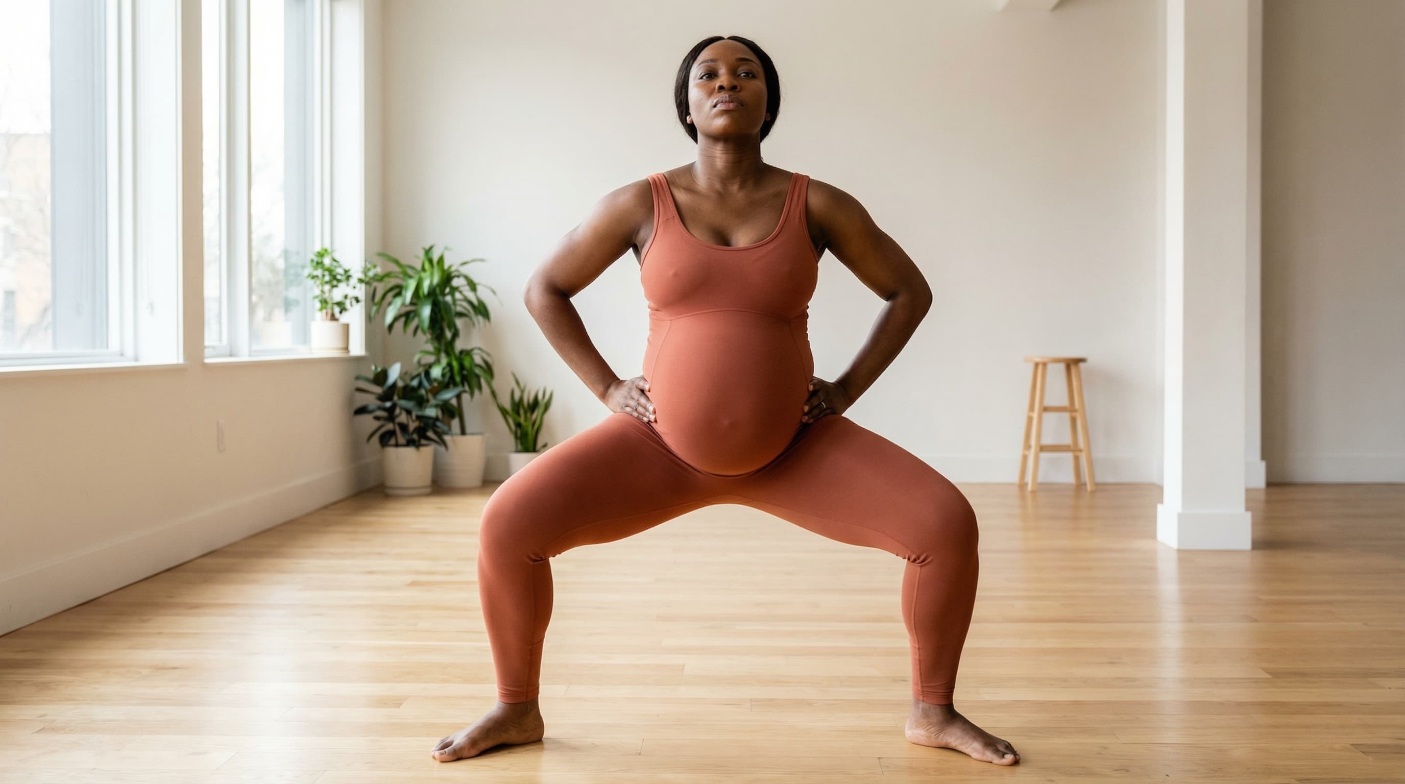 pregnant woman looking in mirror